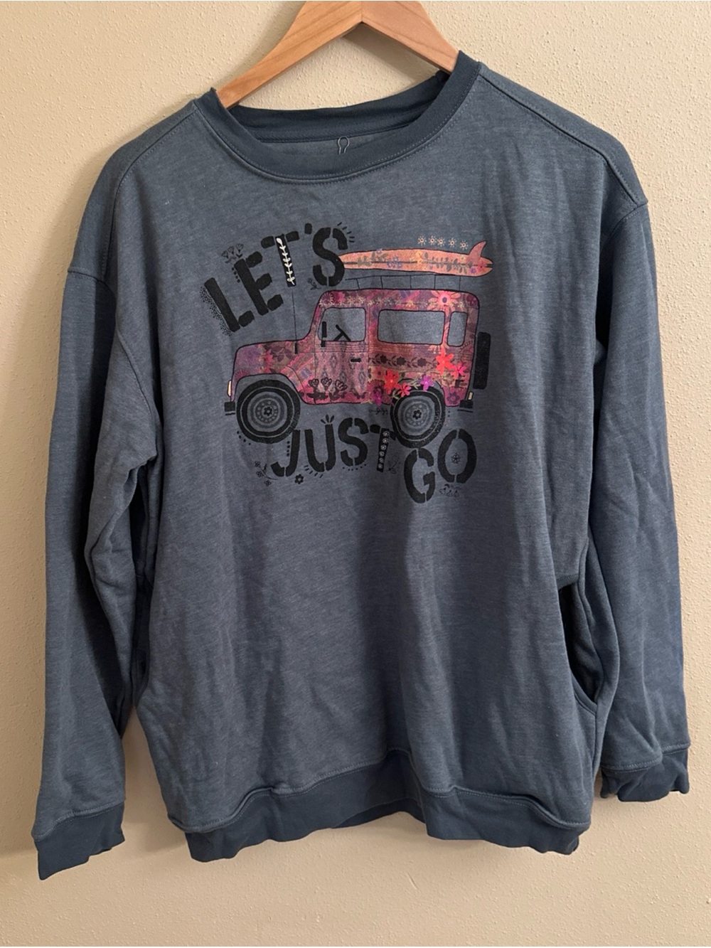 Natural Life Women’s Comfy Sweatshirt LETS JUST GO Pockets Mental Health Size S